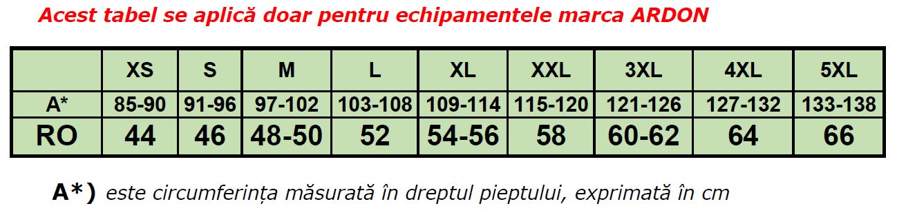 Tatbel de echivalare a marimilor pentru bluzele Ardon